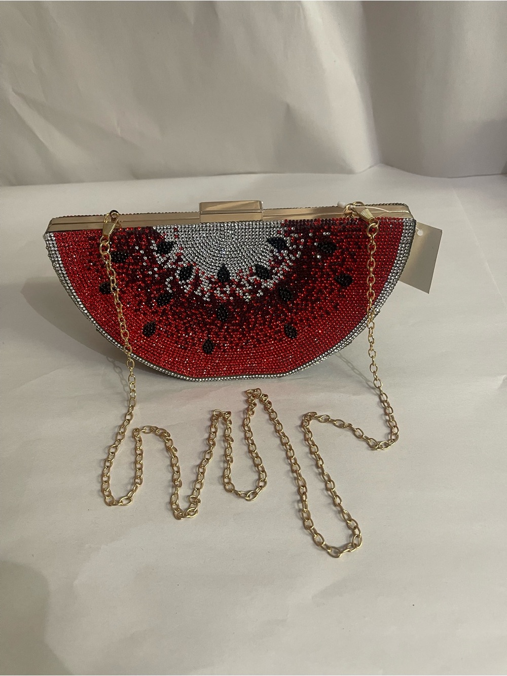 Women's Red Crystal Watermelon Clutch with Gold Chain